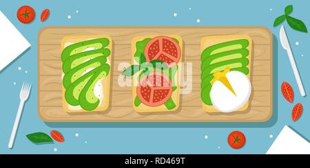 Drei Arten von Avocado Toast. Schönes essen Hintergrund mit Holz Schneidebrett, Tomaten, Salz, Kristalle und Besteck. Flache Vektor illustratio Stock Vektor