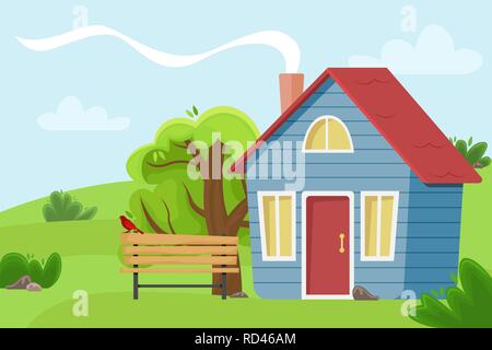 Village Cottage in das Feld ein. Flache Vector Illustration. Landschaft Landschaft. Stock Vektor