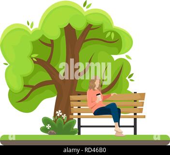 Das Mädchen mit dem Papier Tasse Kaffee sitzen auf einer Bank im Park. Flache Vector Illustration. Stock Vektor