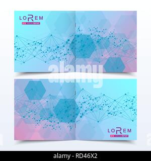 Wissenschaftliche Vorlagen square Broschüre, Zeitschrift, Broschüre, Flyer, Cover, Booklet, Jahresbericht. Wissenschaftliches Konzept für medizinische, Technologie, Chemie. Struktur Molekül und Kommunikation. Dna, Atom. Stock Vektor