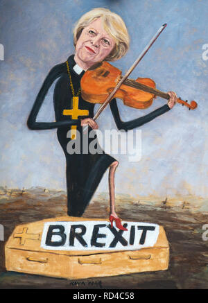 London, Großbritannien. 16. Januar, 2019. Politische Satire Künstler Kaya Mar Artwork von Premierminister Theresa May Violine zu spielen, mit einem Fuß auf einem Sarg mit dem Titel Brexit - BREXIT Szenen in Westminster Parlament und Umgebung, London, England am 16. Januar 2019. Foto von Andy Rowland. Credit: Andrew Rowland/Alamy leben Nachrichten Stockfoto