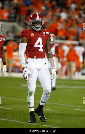 Januar 07, 2019 Alabama Crimson Tide linebacker Christopher Allen #4 in Aktion während der nationalen Meisterschaft zwischen der Clemson Tiger und die Alabama Crimson Tide am Levi's Stadion in Santa Clara, Kalifornien. Charles Baus/CSM Stockfoto