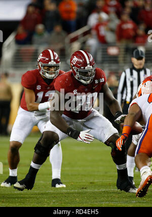 Januar 07, 2019 Alabama Crimson Tide Offensive Lineman Alex Leatherwood #70 in Aktion während der nationalen Meisterschaft zwischen der Clemson Tiger und die Alabama Crimson Tide am Levi's Stadion in Santa Clara, Kalifornien. Charles Baus/CSM Stockfoto