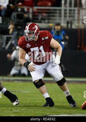 Januar 07, 2019 Alabama Crimson Tide Offensive Lineman Ross Pierschbacher #71 in Aktion während der nationalen Meisterschaft zwischen der Clemson Tiger und die Alabama Crimson Tide am Levi's Stadion in Santa Clara, Kalifornien. Charles Baus/CSM Stockfoto