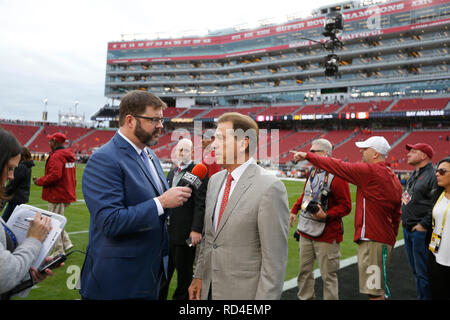 Januar 07, 2019 Alabama Crimson Tide Head Coach Nick Saban befragt, bevor die Nationale Meisterschaft zwischen der Clemson Tiger und die Alabama Crimson Tide am Levi's Stadion in Santa Clara, Kalifornien. Charles Baus/CSM Stockfoto