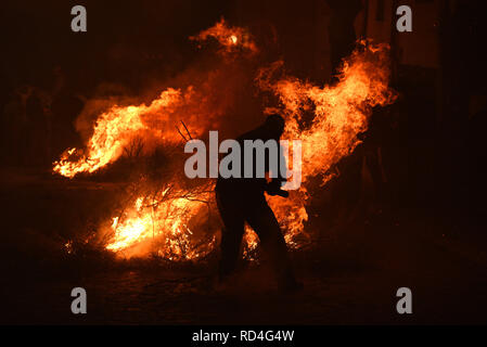 Januar 16, 2019 - San Bartolome de Pinares, Vila, Spanien - ein Mann bereitet ein Lagerfeuer als Teil eines Rituals zu Ehren des heiligen Antonius, dem Schutzpatron der Haustiere, in San Bartolome de Pinares, Spanien. Quelle: John milner/SOPA Images/ZUMA Draht/Alamy leben Nachrichten Stockfoto