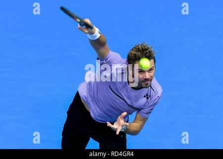 Melbourne, Australien. 17 Jan, 2019. Stan Wawrinka in der Schweiz in Aktion in der zweiten Runde gegen 16 Samen Milos Raonic von Kanada an Tag vier der Australian Open 2019 Grand Slam Tennis Turnier in Sydney Low/Cal Sport Media/Alamy Live News Credit: Cal Sport Media/Alamy leben Nachrichten Stockfoto