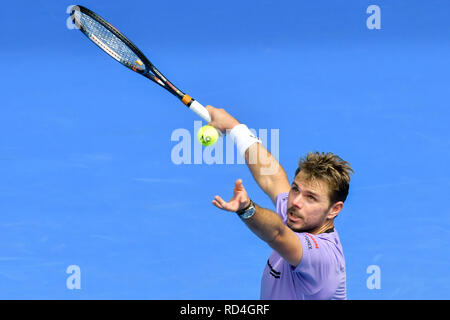 Melbourne, Australien. 17 Jan, 2019. Stan Wawrinka in der Schweiz in Aktion in der zweiten Runde gegen 16 Samen Milos Raonic von Kanada an Tag vier der Australian Open 2019 Grand Slam Tennis Turnier in Sydney Low/Cal Sport Media/Alamy Live News Credit: Cal Sport Media/Alamy leben Nachrichten Stockfoto