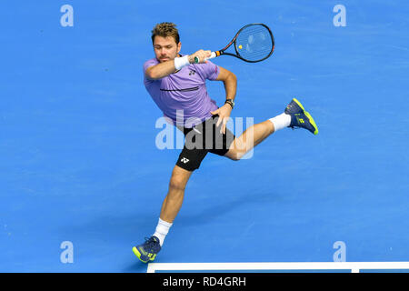 Melbourne, Australien. 17 Jan, 2019. Stan Wawrinka in der Schweiz in Aktion in der zweiten Runde gegen 16 Samen Milos Raonic von Kanada an Tag vier der Australian Open 2019 Grand Slam Tennis Turnier in Sydney Low/Cal Sport Media/Alamy Live News Credit: Cal Sport Media/Alamy leben Nachrichten Stockfoto