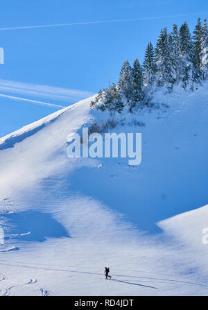 Nesselwang, Bayern, Deutschland. 16. Januar, 2019. Ski Tour Wanderer zu Fuß auf den Berg Alpspitz in gefährlichen Lawine Bereich trotz der Lawinengefahr und Warnschilder in Nesselwang, Allgäu, Bayern, Deutschland, 16. Januar 2019. © Peter Schatz/Alamy Live News Credit: Peter Schatz/Alamy leben Nachrichten Stockfoto