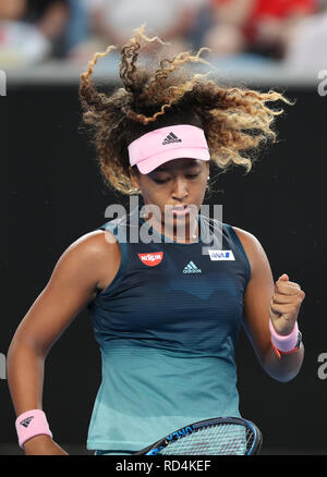 Melbourne, Australien. 17 Jan, 2019. Naomi Osaka Japan feiert während der zweiten Runde Frauen singles Match gegen Tamara Zidansek von Slowenien bei den Australian Open in Melbourne, Australien, Jan. 17, 2019. Credit: Bai Xuefei/Xinhua/Alamy leben Nachrichten Stockfoto