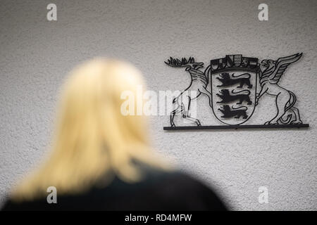 Stuttgart, Deutschland. 17 Jan, 2019. Ein Rechtsanwalt steht im Gerichtssaal im Landgericht Stuttgart. Credit: Sebastian Gollnow/dpa/Alamy leben Nachrichten Stockfoto