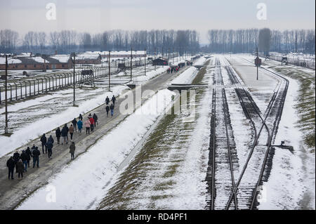 Besucher gesehen zu Fuß durch die ehemaligen NS-deutschen Vernichtungslagers Auschwitz-Birkenau. Die Erinnerung an den Holocaust Tag findet am 27. Januar, wo die Überlebenden der 74. Jahrestag der Befreiung von Auschwitz Feierlichkeiten teilnehmen wird. Stockfoto