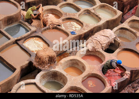 Fez Chouwara Gerberei Übersicht Arbeitnehmer färben Tierfelle in runden Tanks oder Fässern, Stockfoto
