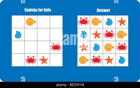 Sudoku Spiel mit Ozean Tiere für die Kinder, einfache, Bildung Spiel für Kinder, Vorschule Arbeitsblatt Aktivität, Aufgabe für die Entwicklung von logischen. Stock Vektor