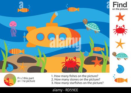 Aktivität Seite, Sea World unter Wasser im Comic-stil, Bilder zu finden, die Fragen beantworten, visuelle Bildung Spiel für die Entwicklung der Kinder, Kinder Stock Vektor