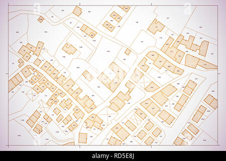 Imaginäre Kataster-karte des Territoriums mit Gebäuden, Straßen und Parzellen Stockfoto