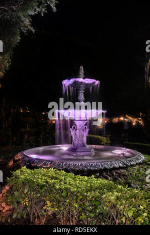 Foundtain in der Nacht in der Union Garten Central Park in der Innenstadt von Guanajuato, Mexiko Stockfoto