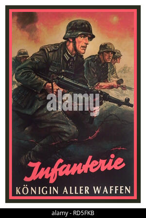 Vintage WW2 Deutsche Propaganda Rekrutierung Poster' Infanterie der Königin aller Waffen 'German WWII Wehrmacht Armee Schlacht MP40 Maschinenpistole Stockfoto