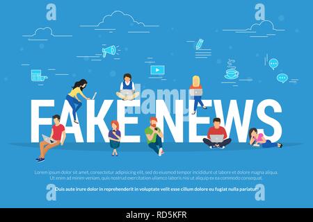 Gefälschte Nachrichten und und Informationen Herstellung Konzept flachbild Vector Illustration von jungen Menschen mit Laptop, Tablet-PCS und Smartphones für das Lesen von gefälschten pos Stock Vektor