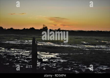 Sonnenuntergang über den schlammigen Flussmündung Vorland Stockfoto