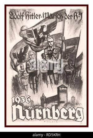 Jahrgang 1936 NS-Nürnberg Rallye Poster mit Hitler Jugend mit Hakenkreuzfahnen in den deutschen Adler eingestellt Stockfoto