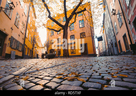 Charmante Stockholm street Szene mit alten bunten Häuser in wunderschönen goldenen Abendlicht bei Sonnenuntergang in Gamla Stan, die Altstadt, Schweden Stockfoto