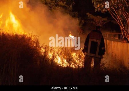 Teralba, NSW/Australien - Oktober 24, 2012: Feuerwehrmann oder Feuerwehrmann backburning und Löschmittel ein wildfire Gras und bushfire Bewohner zu schützen. Stockfoto