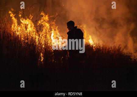 Teralba, NSW/Australien - Oktober 24, 2012: Feuerwehrmann oder Feuerwehrmann backburning und Löschmittel ein wildfire Gras und bushfire Bewohner zu schützen. Stockfoto