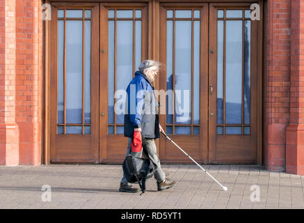 Ein Blinder mit einem spezialisierten walking stick ein Zebra zu Überqueren der Kreuzung Stockfoto