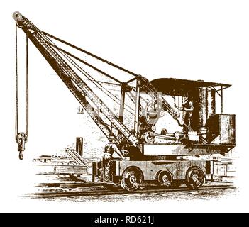 Zwei Arbeiter, die auf eine historische Lokomotive craneÊ (nach einer Radierung oder Gravur aus dem 19. Jahrhundert) Stock Vektor