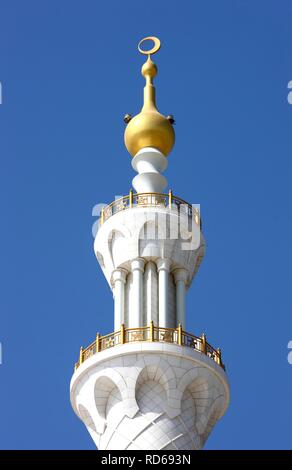 Minarett, Sheikh Zayed Moschee, Abu Dhabi, Vereinigte Arabische Emirate, Naher Osten Stockfoto