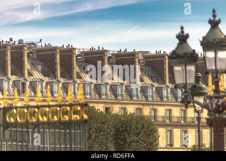 Grand Paris Apartments mit Zimmer im Dachgeschoss, wie von Gates von TheJardin Des Tuileries entlang der Rue de Rivoli, Paris, Frankreich Stockfoto