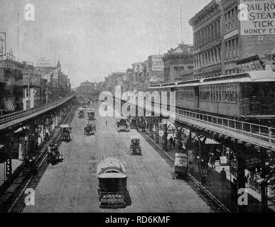 Frühe Autotype Bowery Street, New York, USA, historische Fotografien, 1884 Stockfoto