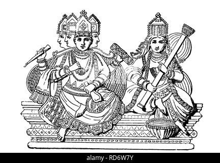 Brahma und Saraswati, Hindu-Götter, Indien, Holzschnitt aus dem Jahr 1880 Stockfoto