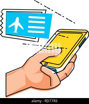 Hand mit Smartphone kaufen Tickets Flug Vector Illustration Design Stock Vektor