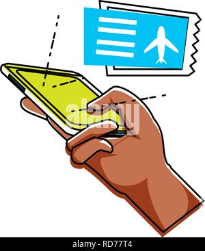 Hand mit Smartphone kaufen Tickets Flug Vector Illustration Design Stock Vektor