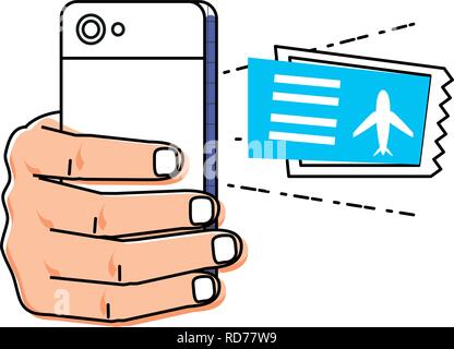 Hand mit Smartphone kaufen Tickets Flug Vector Illustration Design Stock Vektor