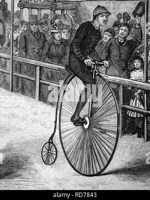 Mann reitet ein Hochrad Fahrrad, historische Abbildung, ca. 1886 Stockfoto