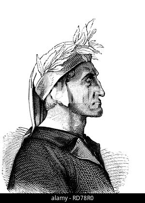 Dante Alighieri, 1265-1321, italienischer Dichter und Philosoph, historischen Holzschnitt, 1880 Stockfoto