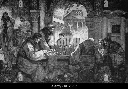Wissenschaftliche Tagung in Klotrene im 6. Jahrhundert, historische Holzschnitt, 1870 Stockfoto