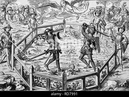 Ritter kämpfen im Mittelalter, historische Holzschnitt, 1870 Stockfoto