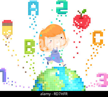 Abbildung: ein Kind Mädchen springen Auf einem Pixel Kunst der Erde mit Schule Elemente von ABC, 123, Bleistift auf Apple Stockfoto