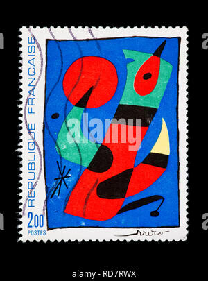 Briefmarke aus Frankreich mit der Darstellung eines Joan Miro Malerei Stockfoto