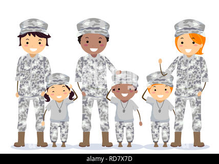 Abbildung: Stickman Soldat Eltern mit Kindern in der Tarnung Einheitliche Stockfoto