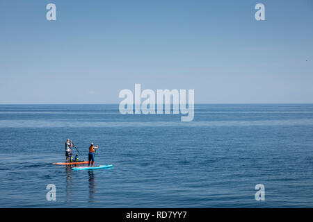 Familie von vier auf Stand up Paddle Boards auf offenes Wasser. Stockfoto