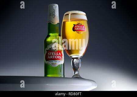 Flasche Stella Artois und vollen Glas, Studio shot Stockfoto