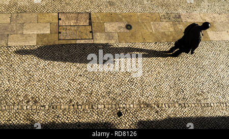 Lissabon, Portugal. Mann mit einem langen Schatten, der im Nachmittagslicht die Rua Barros Queirós nahe dem Rossio-Platz hinuntergeht. Typischer Kalksteinpflaster. Stockfoto