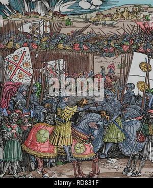 Die Sitzung nach der Schlacht an der Sporne (Heinrich VIII. von England und Kaiser Maximilian I). 1513. Holzschnitt von Albrecht Dürer. Stockfoto