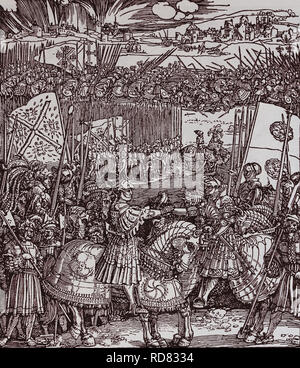 Die Sitzung nach der Schlacht an der Sporne (Heinrich VIII. von England und Kaiser Maximilian I). 1513. Holzschnitt von Albrecht Dürer. Stockfoto